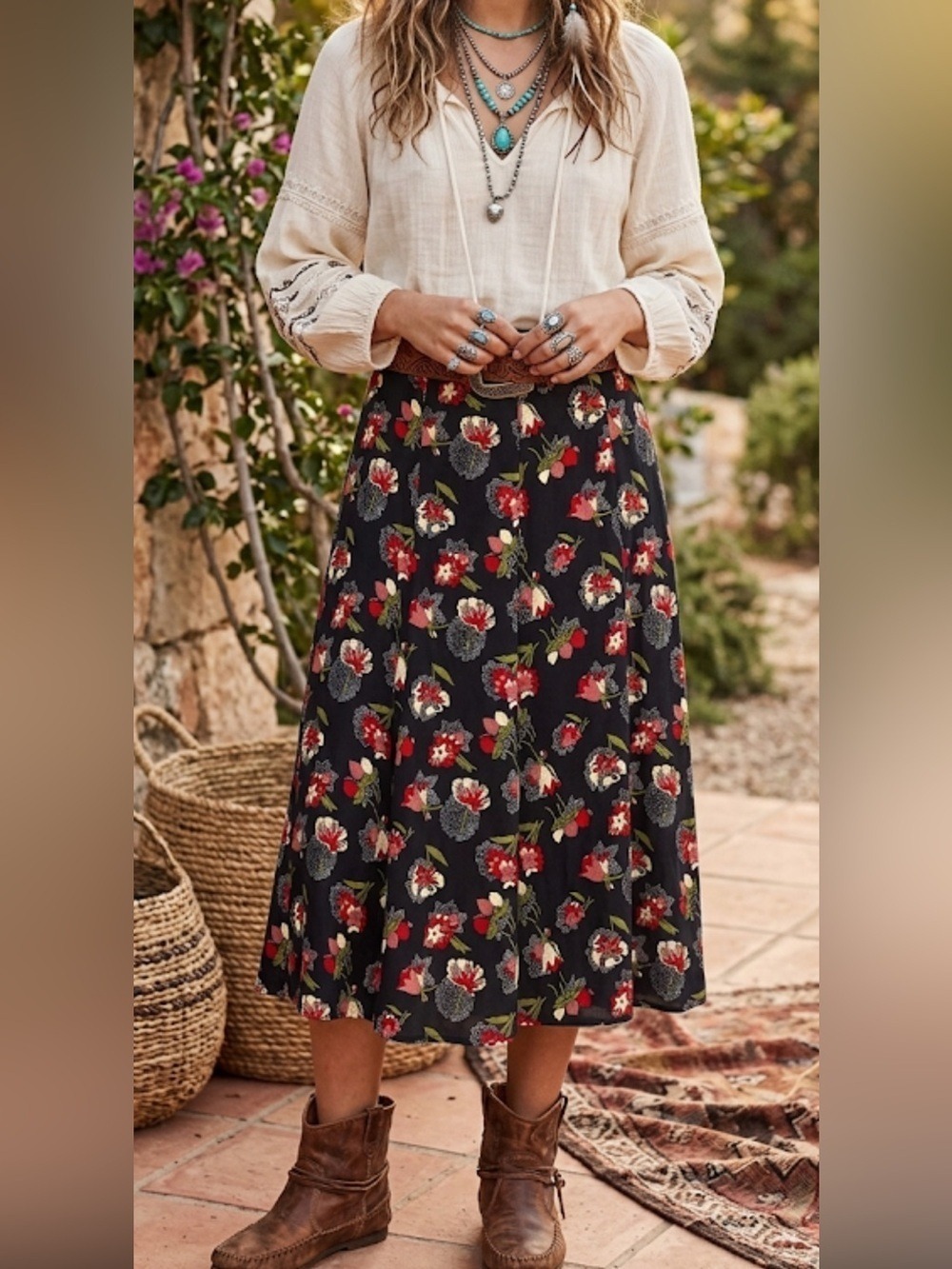 Koret Vintage Black Red Floral Midi Skirt A-Line Pockets Retro Chic